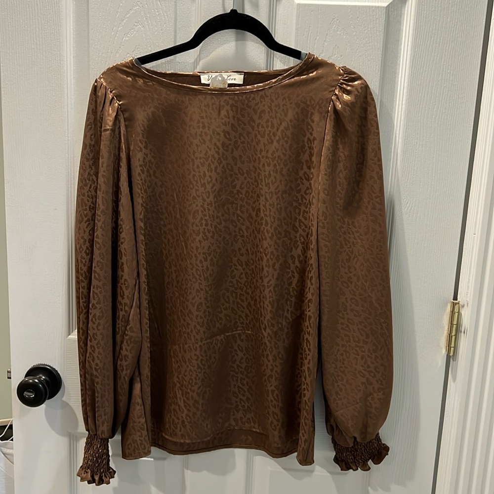 Worn once,  animal print silky long sleeve brown cute top.
